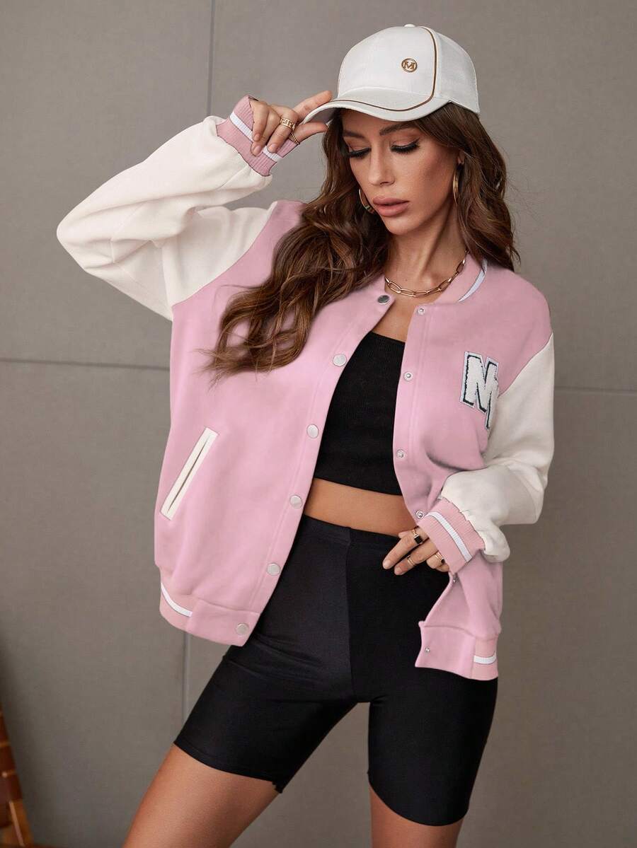 SHEIN Unity Women's Letter Embroidered Contrast Color Long Sleeve Single-Breasted Casual Baseball Jacket - Baby Pink - View 1