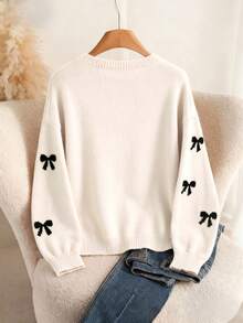 Franclia Autumn Cute Bow Decor Casual Pullover Sweater,Black And White Knitted Plus Size Tops For Women,School Back-To-School Fashionable Blogger Same Style - Beige - View 2