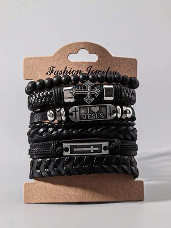 Grunge Punk 5pcs/Set Retro Hippie Style Pentagram Beaded Wing PU Leather Bracelets For Women, Suitable For Daily Wear And Festivals