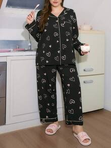 SweetSlumber Sweet Heart Print Contrast Color Lapel Long Sleeve Plus Size Pajama Set, Fall & Winter Clothes - Multicolor - View 3