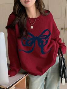 DAZY Women's Loose Fit Crew Neck Bowknot Pattern Sweater Christmas - Burgundy - View 5