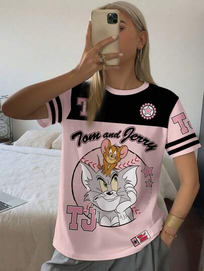 TOM & JERRY X SHEIN Women's Casual Colorblock Letter & Cartoon Graphic Round Neck Short Sleeve T-Shirt, Summer Graphic Tees Women New Years Cute Tops Y2k Anime Shirt