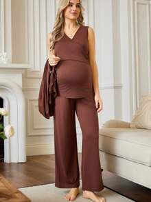 SHEIN 3pcs Maternity Casual Nursing Tank Top, Pants And Jacket Set, Autumn
