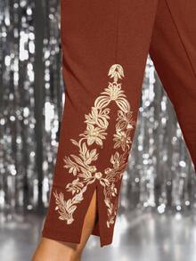 Women's Elegant Embroidered Ankle Slim Fit Pants, Suitable For Commuting - Burnt Orange - View 5