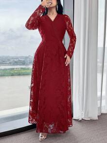Modelyn 女士V领撞色蕾丝长袖褶皱优雅中长连衣裙 - 酒紅色 - 查看 3