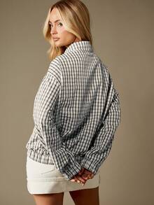 MISSGUIDED Oversized Check Bomber Jacket With Concealed Zipper Casual Lightweight Outerwear For Fall Spring - Black - View 2