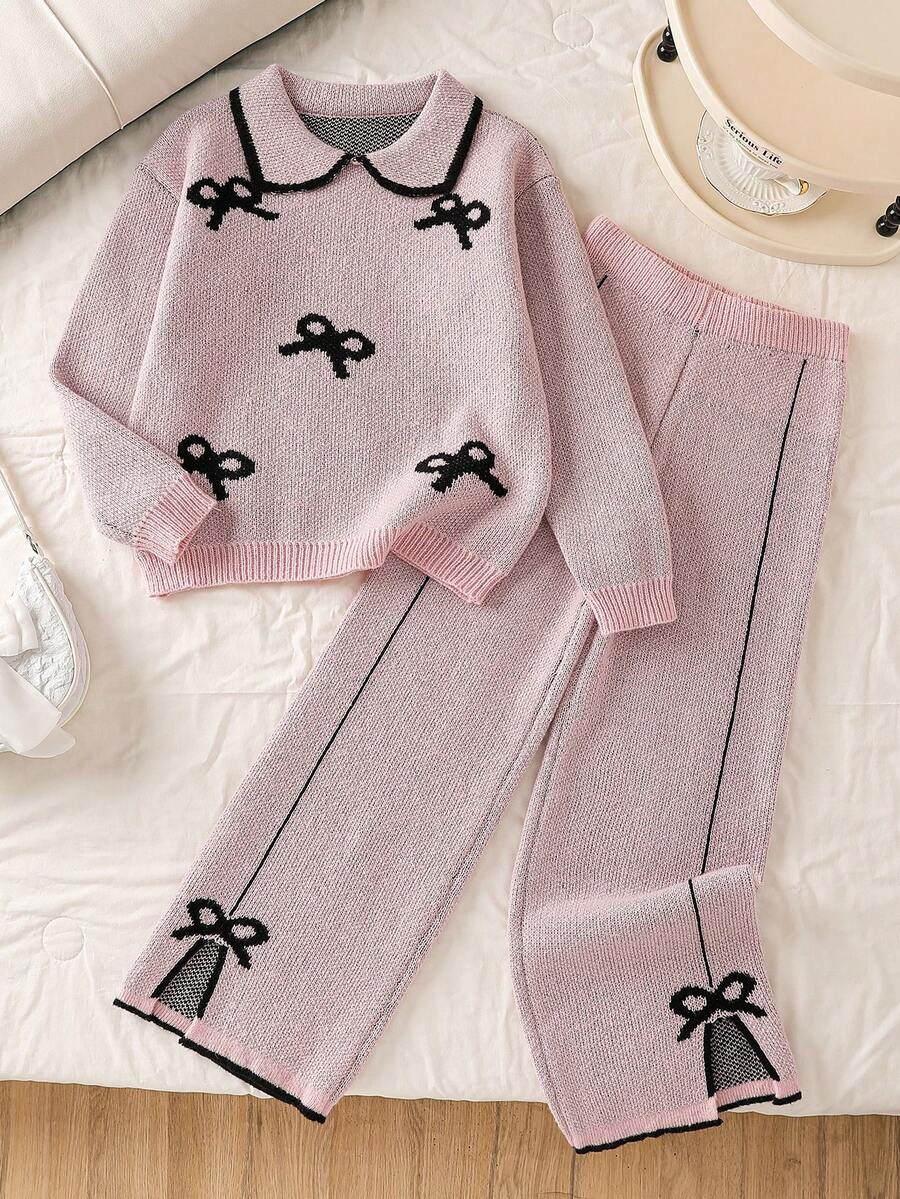 Genkimix Kids 秋冬季女童毛衣套装（两件套），可爱彼得潘领蝴蝶结针织套头毛衣，直筒开衩裤 - 粉色 - 查看 1