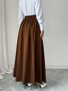 SHEIN Elenzya Váy dài chữ A xòe cạp cao thiết kế cổ điển kiểu Pháp dành cho người đi làm ngày Độc lập, trang trí kim loại hình chữ V xẻ eo, ôm sát, thích hợp mặc hàng ngày vào mùa thu - màu nâu - Xem 4