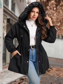 SHEIN Clasi Plus Size Women's Black Winter Casual Hiking Coat,Faux Fur Collar Hooded Zip-Up Jacket With Plush Lining,Drawstring Belt,Double Pockets,Warm Vintage - Black - View 3