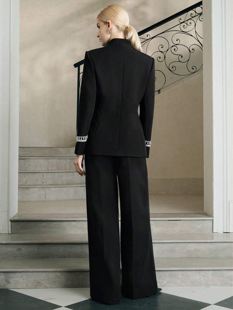 Urban Chic Vintage Tassel & Rhinestone Chain Asymmetrical Metal Buckle Decor Stand Collar Long Sleeve Women Blazer Jacket + High Waist Drape Women Suit Pants, Women Suit Set