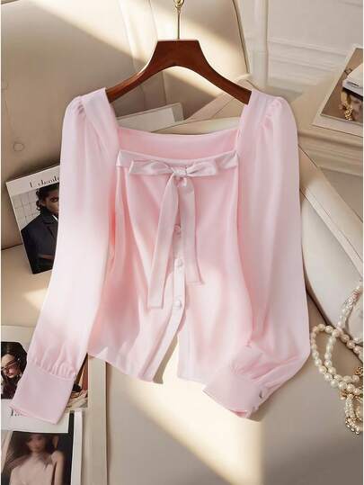 Franclia Solid Color Pink Chiffon Bowknot Long Sleeve Casual Blouse SummerHoliday Sunny Journey Vacay Vibes Casual Outfits Spring Clothes For University Fall Cloth For Women