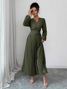 Rafferiza New Elegant Puff Sleeve V-Neck Solid Color Pleated Waist Slim Fit Women Dress, Autumn/Winter - Army Green - View 4