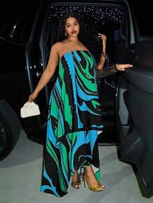 Slaydiva 2025 Spring, Summer, Autumn, Winter New Music Festival, Easter, Western, Nomadic Style Dress, Suitable For Birthday Party, Casual Wear, Vacation, Cruise Travel, Beach, Sunbathing, Viral , Street, Punk Style, Club Wear, Abstract Green Folk Print Long Sleeve Ruffle Collar Sexy Plus Size Asymmetric Hem Maxi Dress