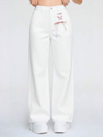 Kawaii Women's Casual Versatile Solid Color Criss-Cross Strap Straight Leg Jeans