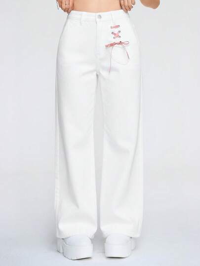 Kawaii Jeans droits pour femmes avec sangles croisées, couleur unie, style polyvalent et décontracté