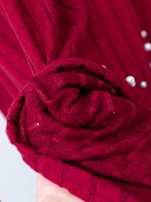 Glamorique Kids Vestido de manga larga con cuello de barco en rojo vintage para niñas, con textura acanalada elegante y decoración de dobladillo con cuentas, adecuado para Navidad, fiestas, otoño/invierno - Burdeos - Ver 6