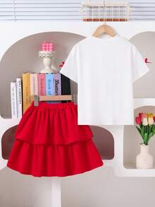 Elladie kids 圣诞连衣裙；女童白色蝴蝶结装饰衬衫搭配双层半身裙，适合日常或度假穿着。 - 紅色 - 查看 2