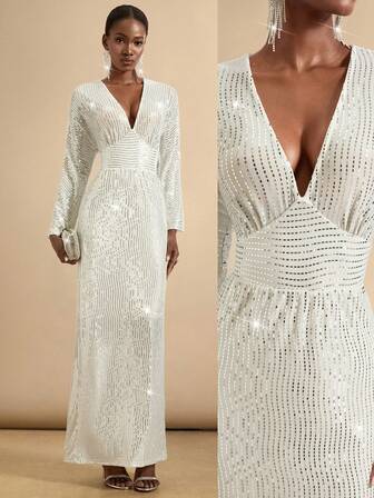 SHEIN Veneréa Sequin Deep V-Neck Ruched Bust Elegant Long Party Dress For Women