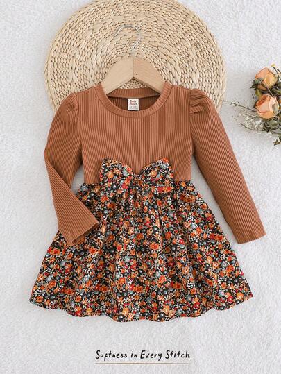 Cozy Pixies Baby Girl Ditsy Floral Knit Soft Round Neck Long Sleeve Cinched Waist Dress, Thermal Lined & Thickened For Winter, Ditsy Floral Dress Apricot Toddler Dress Baby Thanksgiving Dress Baby Fall Dress Brown Dress Baby Girls Floral Boho Toddler Dress Brown Dress Toddler Girl
