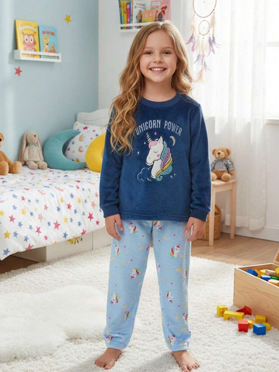 Bộ 2 món/Bộ đồ ngủ tay dài in hình kỳ lân hoạt hình mềm mại thoải mái cho bé gái kèm quần dài, ấm áp và thoải mái - Nhiều màu - Xem 1