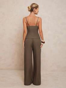Lumalex Beaded Strap Decor Loose Women Top And Wide Leg Pants Suit Set - Brown - View 3