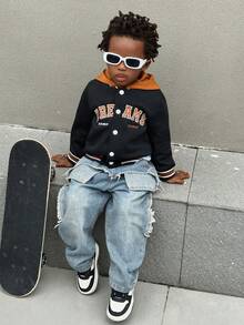 Baby Boys Hooded Jacket With English Slogan Embroidery, 2 In 1, Streetwear Sports Style, Suitable For Outings, Vacations, Photo Shoots, Campus And More, Autumn/Winter - Multicolor - View 6