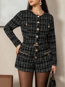 Zelara Plus Size Women Elegant Knit Fabric Metal Button Jumpsuit With Round Neck And Long Sleeves Chic Women's Jumpsuit Elegant Dress Women  Thanksgiving Outfit For Women Winter Clothes For Women Chic Women's Jumpsuit  Stylish Clothing Collection - Multicolor - View 6