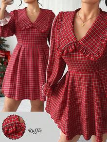 Elenzga Vintage French Style Christmas Red Plaid Ruffle Hem Babydoll Dress, Autumn/Winter - Red - View 4