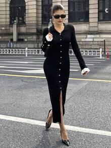 DAZY Women's Collared Waist Fitted Sweater Dress, Autumn/Winter - Black and White - View 5