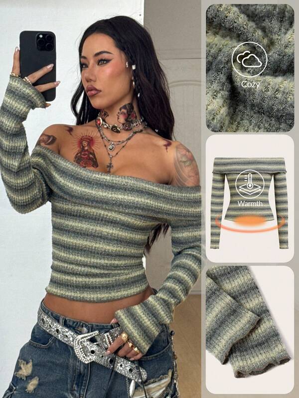 Coolane Blusas de manga larga cómodas y abrigadas con hombros descubiertos, de corte ajustado y estilo vintage para salir, para mujer en otoño/invierno