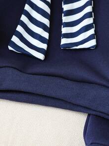 SHEIN 3pcs Baby Boy Baby Girl Unisex Infant Toddler 6M-3T Embroidered Pattern Crew Neck Thermal Lined Sweatshirt And Striped Shawl Collar Pants Set, Autumn/Winter Baby Casual Sets Baby Autumn Outfits Baby Tracksuit Baby Winter Outfits Baby Sweat Outfits Baby Boy Outfit Baby Boy Outfit Set Baby Boy Clothes Boys Outfit Sets Fall Kids Boys - Blue - View 4