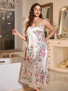 SHEIN Plus Size Floral Print Silk-Like Long Nightgown