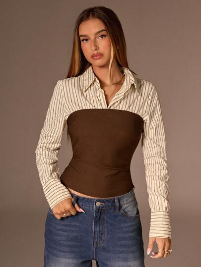 Avantive Fall&Winter Halloween Christmas New Year Going Out Graduation Prom Elegant Formal Luxury Chic Business Casual Birthday/Office Outfits/Country Concert/Club Outfits Sexy/Western/Work Clothes/Streetwear/Vintage/Festival/Cocktail/Rave/Prom/Hawaii/Airport/Funny/Basic/Brunch Outfits/2000s Style/Bodycon/Old Money Style/Church/Homecoming/Classy/Party/Modest/Date Night/Autumn/Winter/Y2k Blouse/Striped Patchwork Long Sleeve Casual Shirt