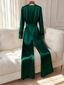 Franclia Women's V-Neck Long Sleeve Shiny Fabric Waist Cinched Flared Leg Jumpsuit - Dark Green - View 2