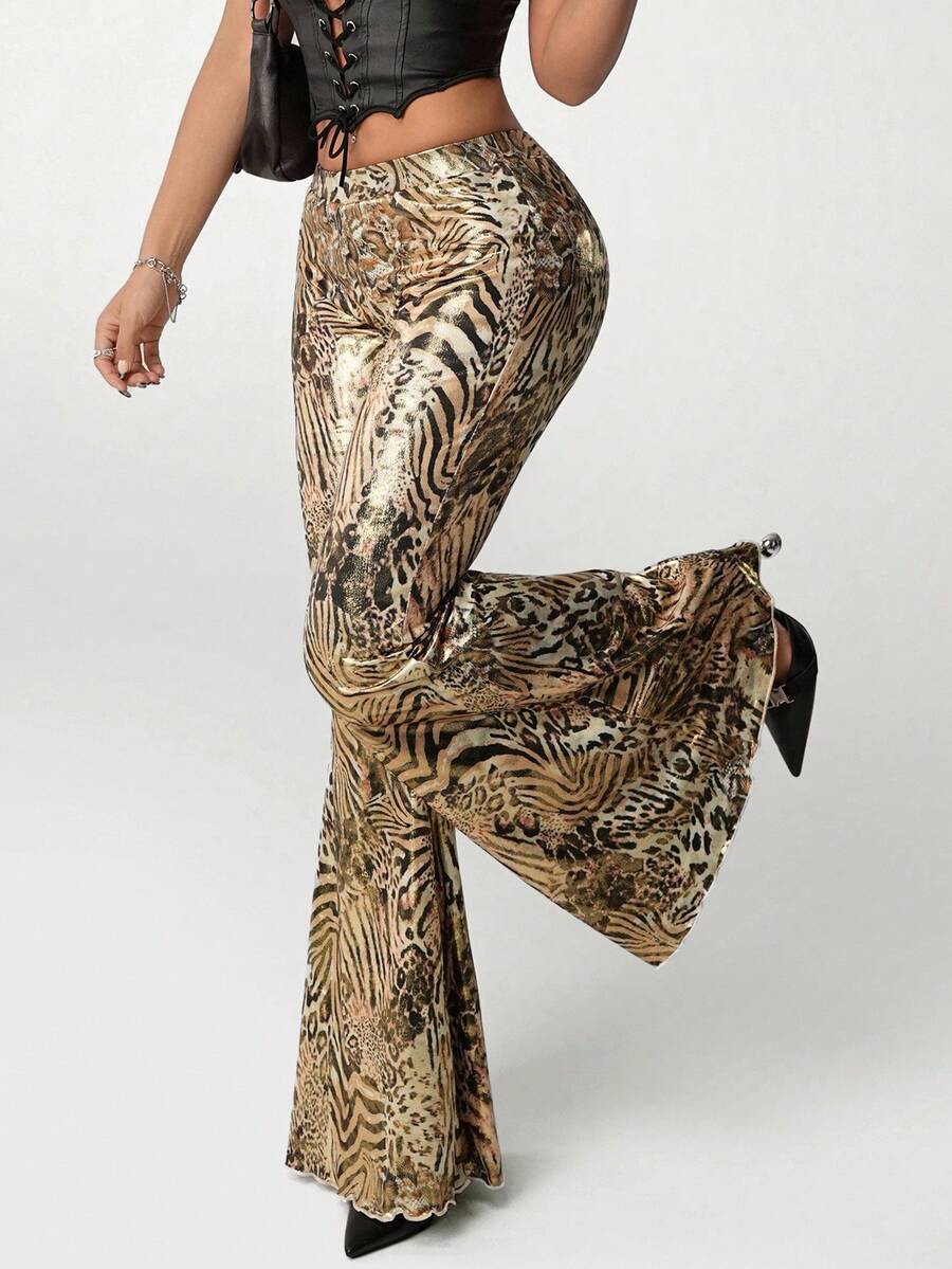 SHEIN ICON 女式 Y2K 银色佩斯利印花金属图案低腰修身喇叭裤，复古千禧性感 - 銀色 - 查看 1