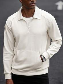 Manfinity CasualCool Men's Casual Solid Color Pocket Long Sleeve Polo Shirt, Autumn Sweats Shirt White Cream Sweatshirt Sweatshirts For Men Half Zip Sweatshirt Men Men S Quarter Zip - Apricot - View 4