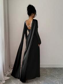 Elenzga Satin Ribbon Back Hollow Pearl Multi-Layer Chain Embellished Long Sleeve Cinched Waist Mermaid Slit Knit Dress, Stretchy Bodycon Party Holiday French Elegant Sexy, Red - Black - View 2