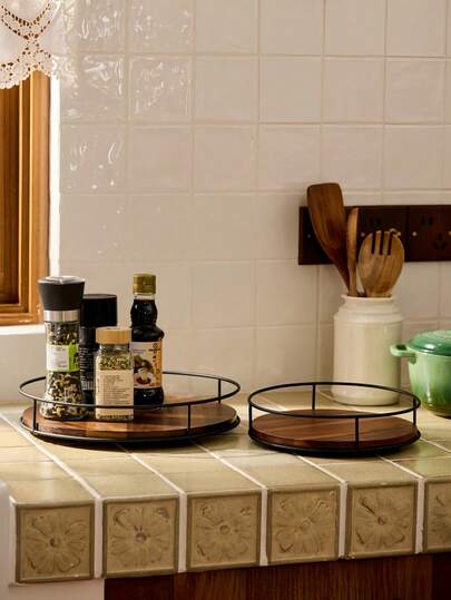 Cirelle 1-Piece Wooden Rotating Storage Tray, Suitable For Desktop And Cabinet Organization, Rama Kitchen Essential, Kitchen Use, High-End Restaurant Supplies, Housewarming Gift, Party Use, Family Dining.