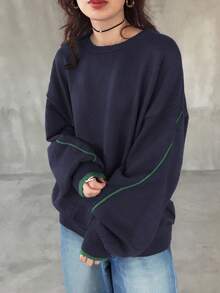 FRIFUL 女士深灰色撞色蓝色滚边圆领落肩长袖宽松休闲百搭毛衣，秋季 - 藏蓝色 - 查看 6