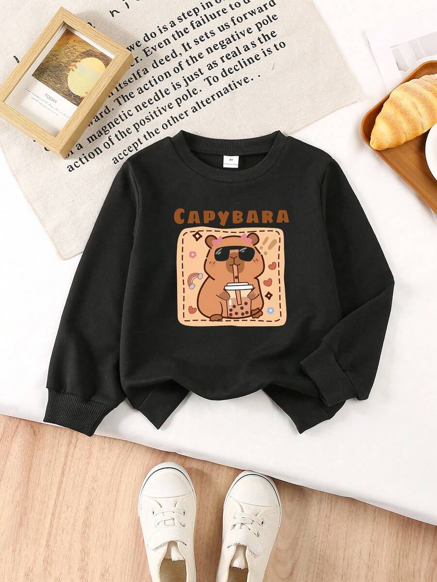 Sudadera de cuello redondo negra para niñas, Colección 2025, Sudadera de manga larga de cuello redondo para niñas de 4 a 7 años para primavera/otoño, Ropa casual elegante y linda para uso diario, vacaciones, escuela, viajes y actividades al aire libre - Negro - Ver 1