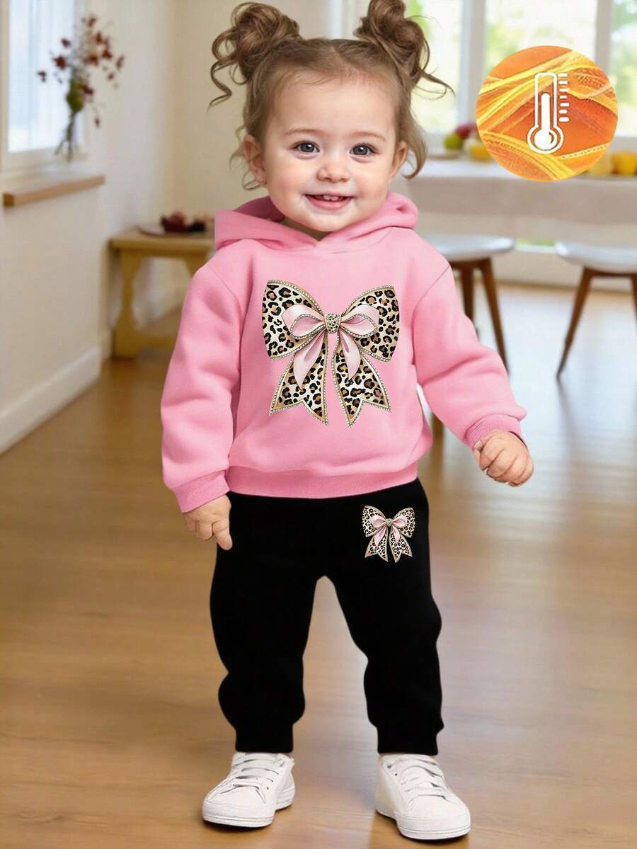 SHEIN 女婴两件套，简约豹纹蝴蝶结连帽卫衣和豹纹蝴蝶结运动裤，适合秋冬季外出穿着 - 彩色 - 查看 1