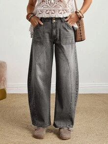 EMERY ROSE Denim Casuais Soltos com Bolsos e Babados para Mulheres Plus Size