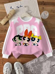THE POWERPUFF GIRLS X SHEIN Tween Girl Casual Blossom, Bubbles, Buttercup Pattern Sweatshirt, Autumn Power Puff Cute Sweatshirt - White - View 1