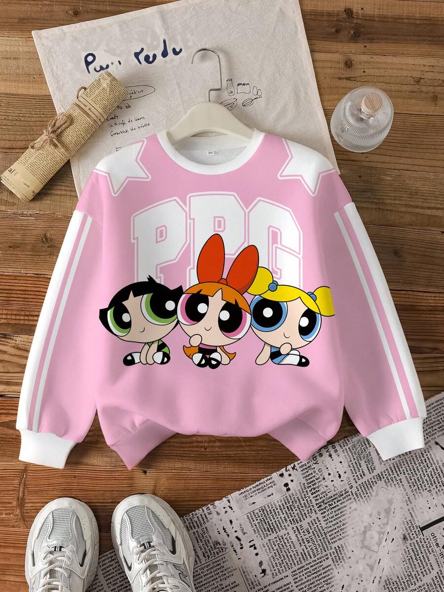 THE POWERPUFF GIRLS X SHEIN Tween Girl Casual Blossom, Bubbles, Buttercup Pattern Sweatshirt, Autumn Power Puff Cute Sweatshirt - White - View 1