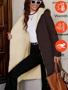 SHEIN Clasi 女式拉链连帽泰迪熊衬里绗缝大衣（秋冬） - 咖啡棕 - 查看 7