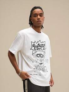 Nick 90s | SHEIN Men's Casual Letter & Cartoon Graphic Round Neck Short Sleeve T-Shirt, Summer - White - View 5