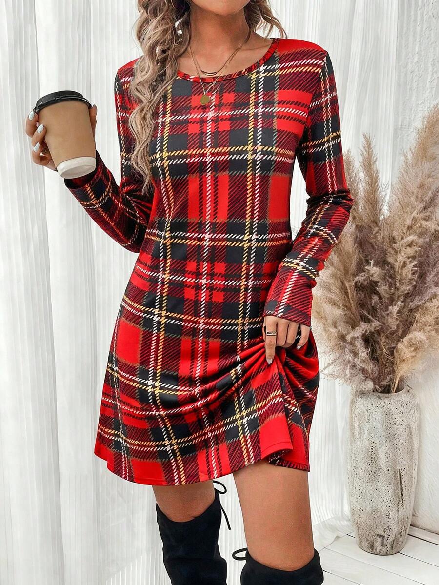 SHEIN LUNE 女士休闲格子圣诞短袖/长袖连衣裙，适合秋冬季穿着 - 彩色 - 查看 1