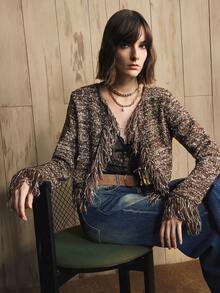 GENKIRA 女士复古开襟羊毛衫，门襟袖口饰有水结串珠梳理设计，适合日常通勤和秋季穿着，圣诞节必备单品 - 咖啡棕 - 查看 2