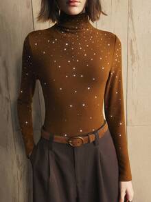 Revavyn Revavyn Women's Knitted Rhinestone Detail Slim Fit High Collar Top, Brown,Autumn,Elegant,Night Out Top - Chocolate Brown - View 7