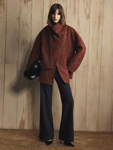 Arave Women's Asymmetrical Scarf Collar Loose Open Front Woolen Jacket, Casual Daily Wear - Rust Brown - View 4